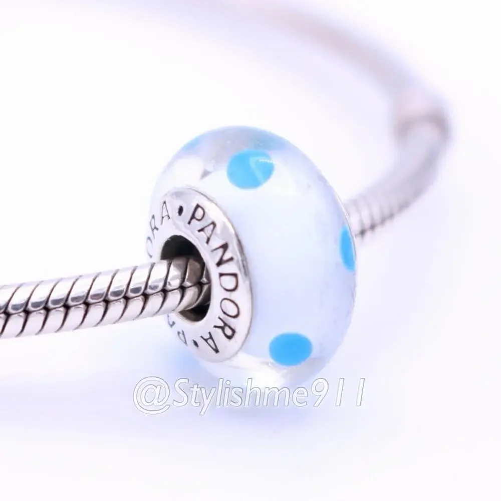 Authentic PANDORA White Teal Polka Dots Glass Murano Charm